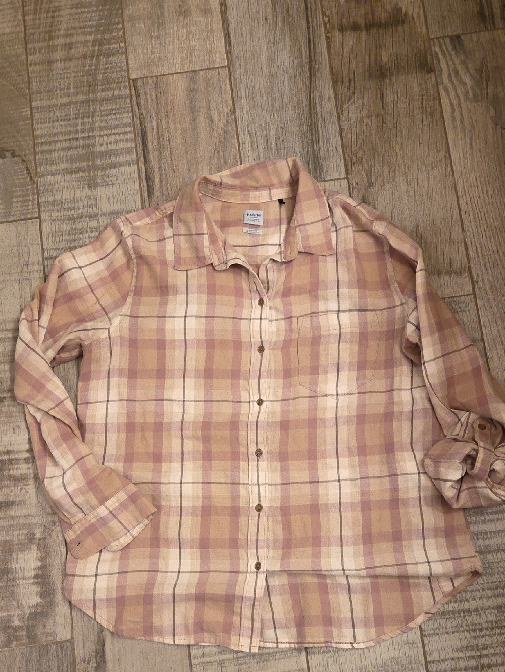 Prana Organic Cotton Plaid Button-Down Shirt in Beige and Pink